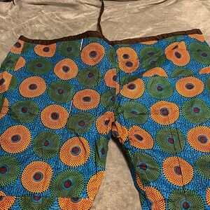 African Ankara Print Pants – Blue Orange Green – Drawstring Waist – Unisex